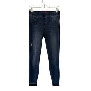 SPANX by Sara‎ Blakely Women's M/M Dark Wash Denim Jeans Distressed Frayed Hem